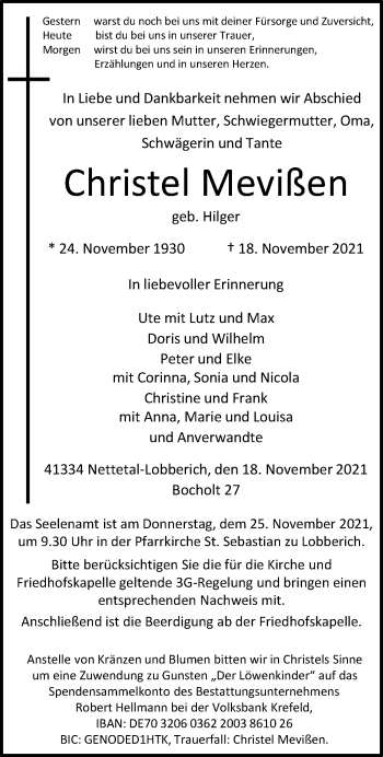 Traueranzeige von Christel Mevißen von trauer.extra-tipp-moenchengladbach.de