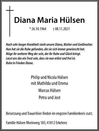 Traueranzeige von Diana Maria Hülsen von trauer.extra-tipp-moenchengladbach.de