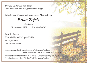 Traueranzeige von Erika Zefels von trauer.extra-tipp-moenchengladbach.de