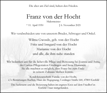 Traueranzeige von Franz von der Hocht von trauer.mein.krefeld.de