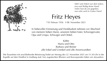 Traueranzeige von Fritz Heyes von trauer.extra-tipp-moenchengladbach.de