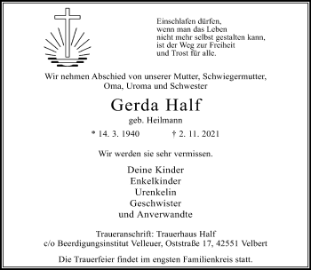 Traueranzeige von Gerda Half von trauer.wuppertaler-rundschau.de