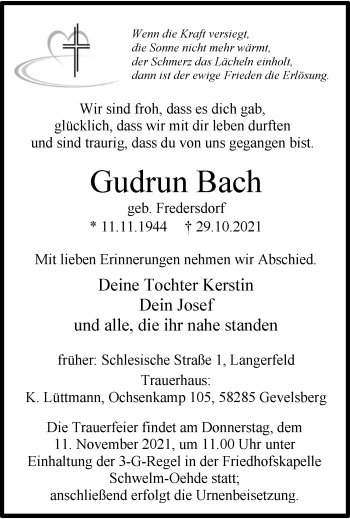 Traueranzeige von Gudrun Bach von trauer.wuppertaler-rundschau.de