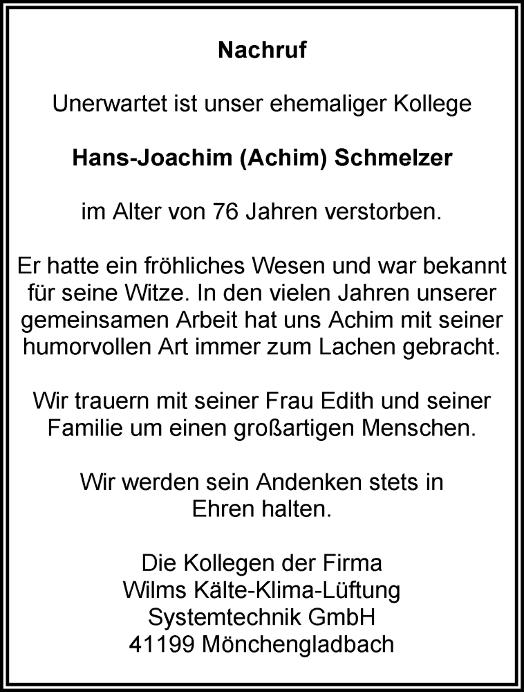  Traueranzeige für Hans-Joachim Schmelzer vom 14.11.2021 aus trauer.extra-tipp-moenchengladbach.de