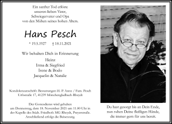 Traueranzeige von Hans Pesch von trauer.extra-tipp-moenchengladbach.de