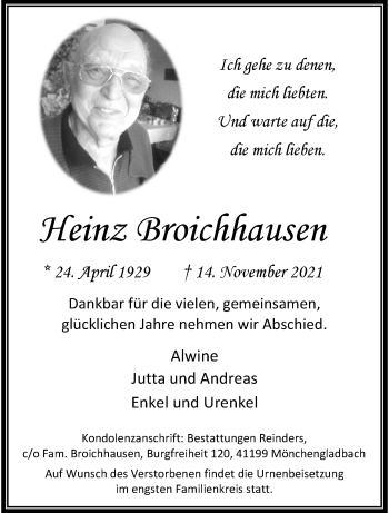 Traueranzeige von Heinz Broichhausen von trauer.extra-tipp-moenchengladbach.de