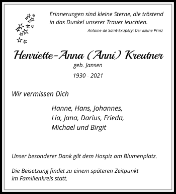 Traueranzeige von Henriette-Anna Kreutner von trauer.mein.krefeld.de