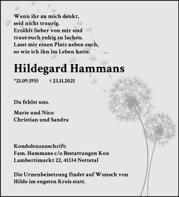 Traueranzeige von Hildegard Hammans von trauer.extra-tipp-moenchengladbach.de