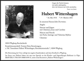 Traueranzeige von Hubert Wittershagen von trauer.extra-tipp-moenchengladbach.de