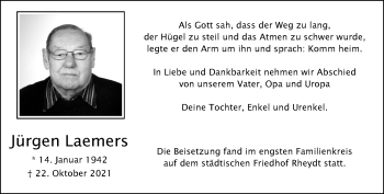 Traueranzeige von Jürgen Laemers von trauer.extra-tipp-moenchengladbach.de