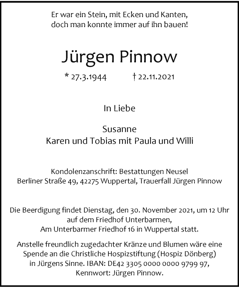  Traueranzeige für Jürgen Pinnow vom 27.11.2021 aus trauer.wuppertaler-rundschau.de
