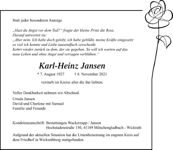 Traueranzeige von Karl-Heinz Jansen von trauer.extra-tipp-moenchengladbach.de