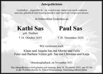 Traueranzeige von Kathi und Paul Sas von trauer.extra-tipp-moenchengladbach.de
