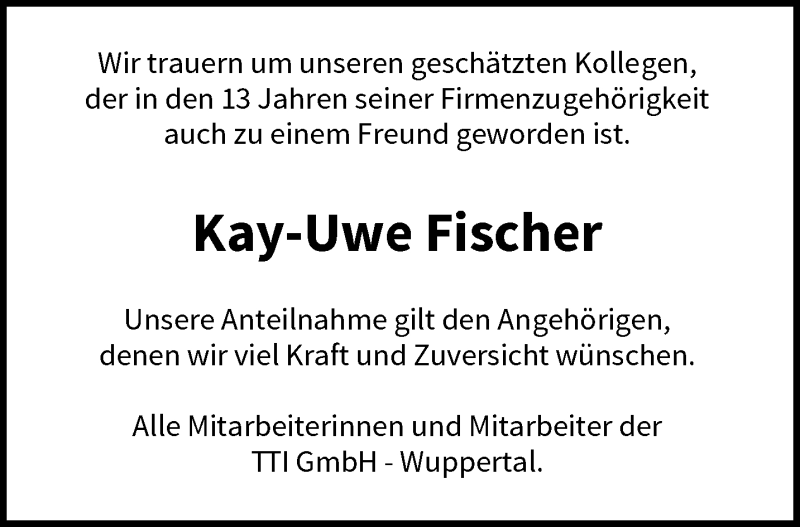  Traueranzeige für Kay-Uwe Fischer vom 27.11.2021 aus trauer.wuppertaler-rundschau.de