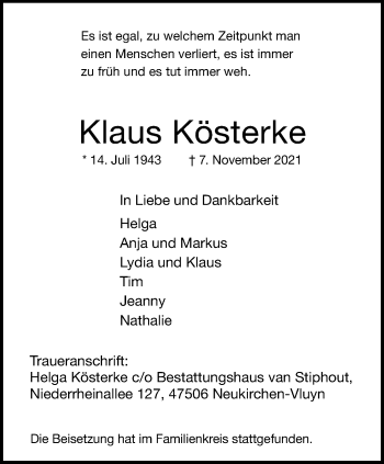 Traueranzeige von Klaus Kösterke von trauer.mein.krefeld.de