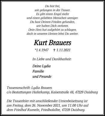 Traueranzeige von Kurt Brauers von trauer.mein.krefeld.de