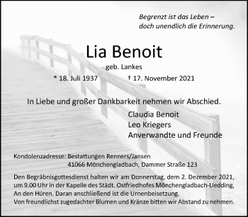 Traueranzeige von Lia Benoit von trauer.extra-tipp-moenchengladbach.de