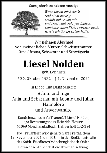 Traueranzeige von Liesel Nolden von trauer.extra-tipp-moenchengladbach.de