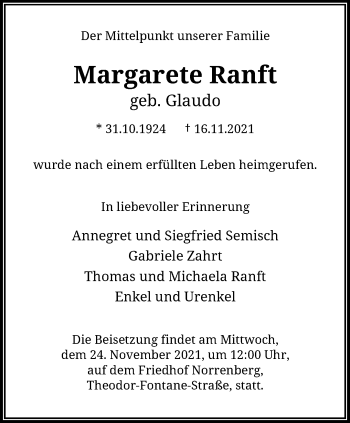 Traueranzeige von Margarete Ranft von trauer.wuppertaler-rundschau.de