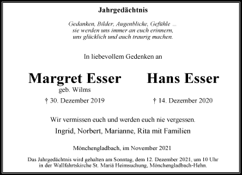 Traueranzeige von Margret und Hans Esser von trauer.extra-tipp-moenchengladbach.de