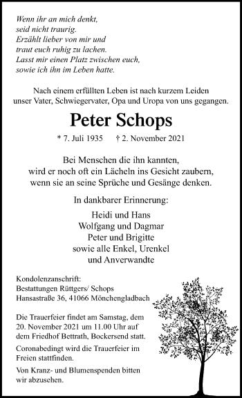 Traueranzeige von Peter Schops von trauer.extra-tipp-moenchengladbach.de