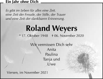 Traueranzeige von Roland Weyers von trauer.extra-tipp-moenchengladbach.de