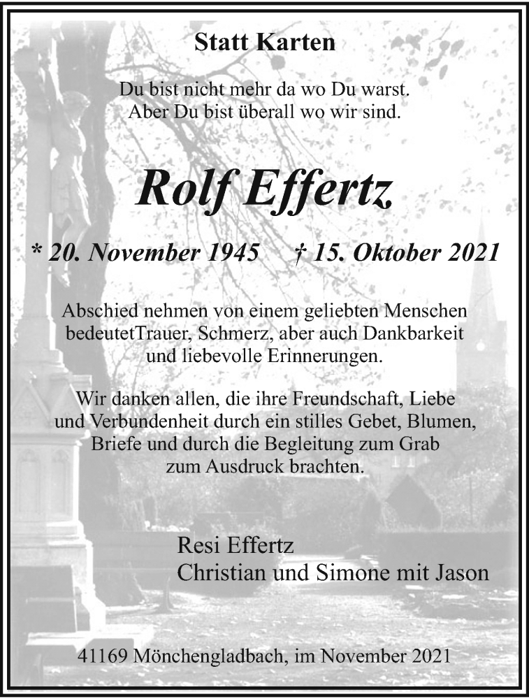  Traueranzeige für Rolf Effertz vom 28.11.2021 aus trauer.extra-tipp-moenchengladbach.de