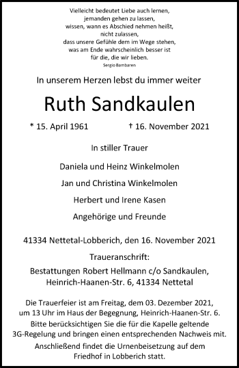 Traueranzeige von Ruth Sandkaulen von trauer.extra-tipp-moenchengladbach.de