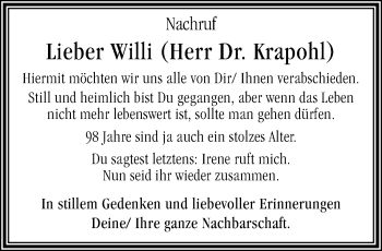 Traueranzeige von Willi Krapohl von trauer.mein.krefeld.de