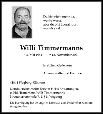 Traueranzeige von Willi Timmermanns von trauer.extra-tipp-moenchengladbach.de