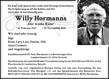 Traueranzeige von Willy Hormanns von trauer.extra-tipp-moenchengladbach.de