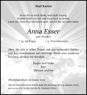 Traueranzeige von Anna Esser von trauer.extra-tipp-moenchengladbach.de