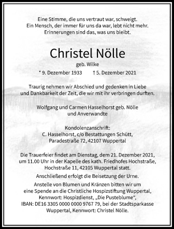 Traueranzeige von Christel Nölle von trauer.wuppertaler-rundschau.de