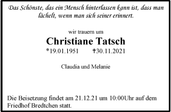 Traueranzeige von Christiane Tatsch von trauer.wuppertaler-rundschau.de