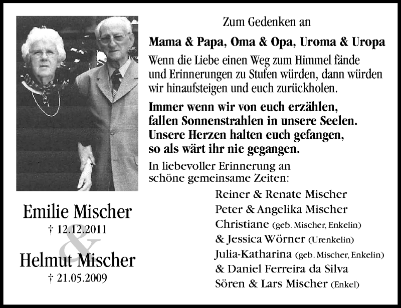  Traueranzeige für Emilie und Helmut Mischer vom 12.12.2021 aus trauer.mein.krefeld.de