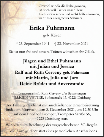 Traueranzeige von Erika Fuhrmann von trauer.mein.krefeld.de