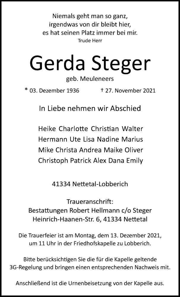  Traueranzeige für Gerda Steger vom 05.12.2021 aus trauer.extra-tipp-moenchengladbach.de