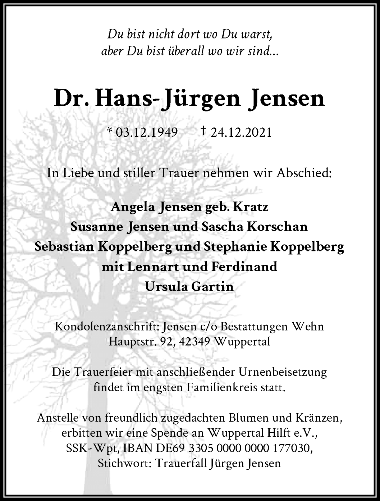  Traueranzeige für Hans-Jürgen Jensen vom 01.01.2022 aus trauer.wuppertaler-rundschau.de