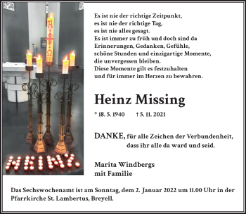 Traueranzeige von Heinz Missing von trauer.extra-tipp-moenchengladbach.de