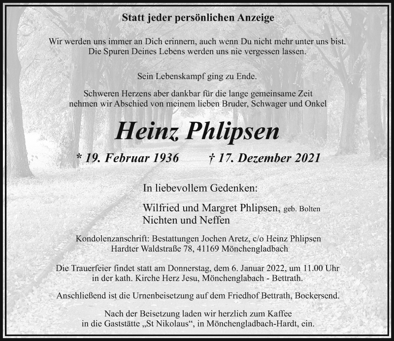 Traueranzeige für Heinz Phlipsen vom 02.01.2022 aus trauer.extra-tipp-moenchengladbach.de