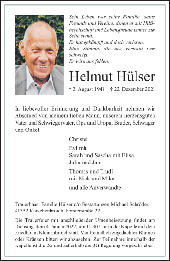 Traueranzeige von Helmut Hülser von trauer.extra-tipp-moenchengladbach.de