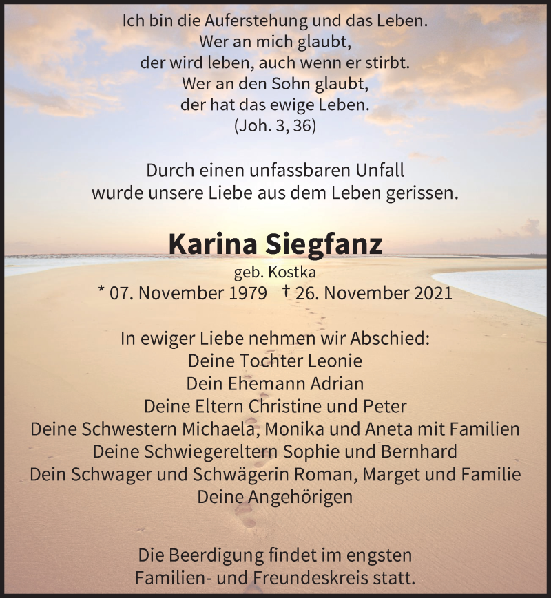  Traueranzeige für Karina Siegfanz vom 04.12.2021 aus trauer.wuppertaler-rundschau.de