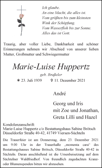 Traueranzeige von Marie-Luise Huppertz von trauer.extra-tipp-moenchengladbach.de