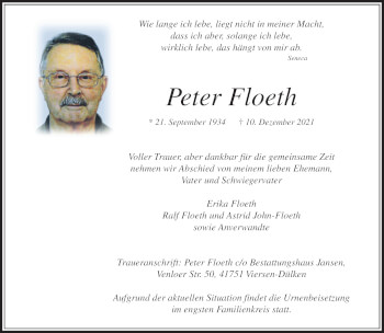 Traueranzeige von Peter Floeth von trauer.extra-tipp-moenchengladbach.de