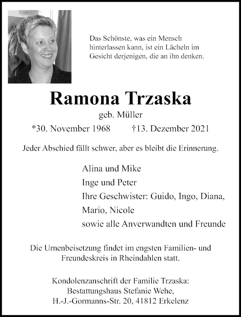  Traueranzeige für Ramona Trzaska vom 19.12.2021 aus trauer.extra-tipp-moenchengladbach.de