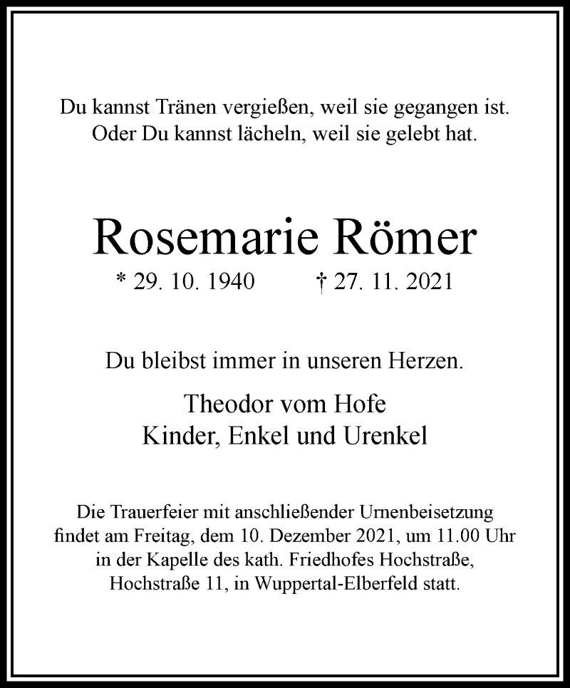  Traueranzeige für Rosemarie Römer vom 04.12.2021 aus trauer.wuppertaler-rundschau.de