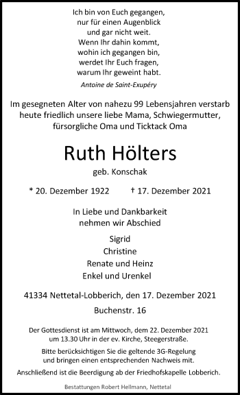 Traueranzeige von Ruth Hölters von trauer.extra-tipp-moenchengladbach.de