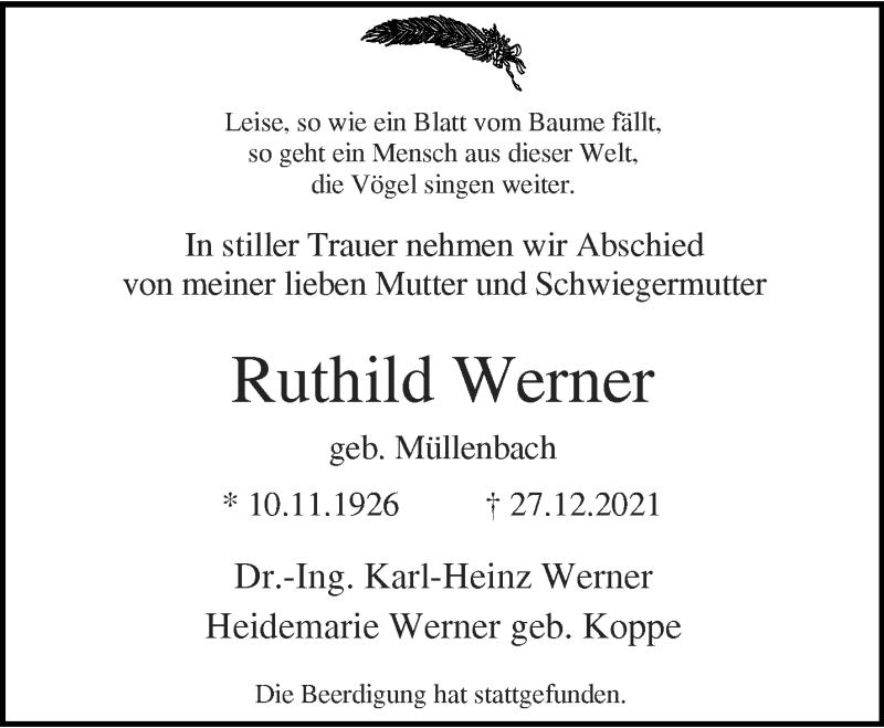  Traueranzeige für Ruthild Werner vom 08.01.2022 aus trauer.wuppertaler-rundschau.de