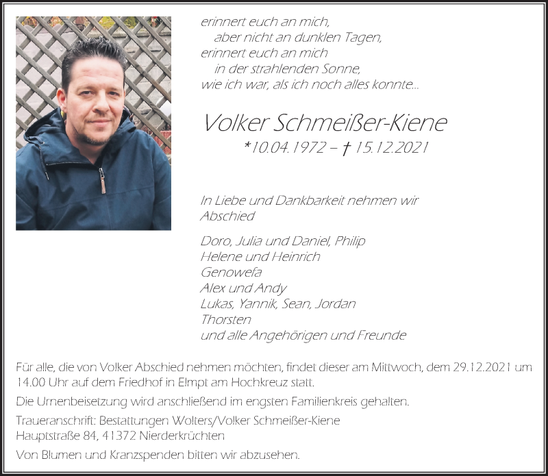  Traueranzeige für Volker Schmeißer-Kiene  vom 26.12.2021 aus trauer.extra-tipp-moenchengladbach.de