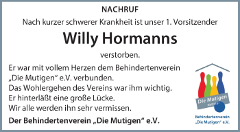 Traueranzeige von Willy Hormanns von trauer.extra-tipp-moenchengladbach.de